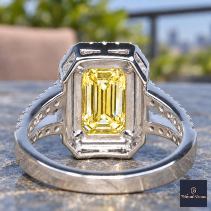 Yellow Emerald Cut Lab Grown Diamond Engagement Ring - Halo Split Shank in white gold, gallery view