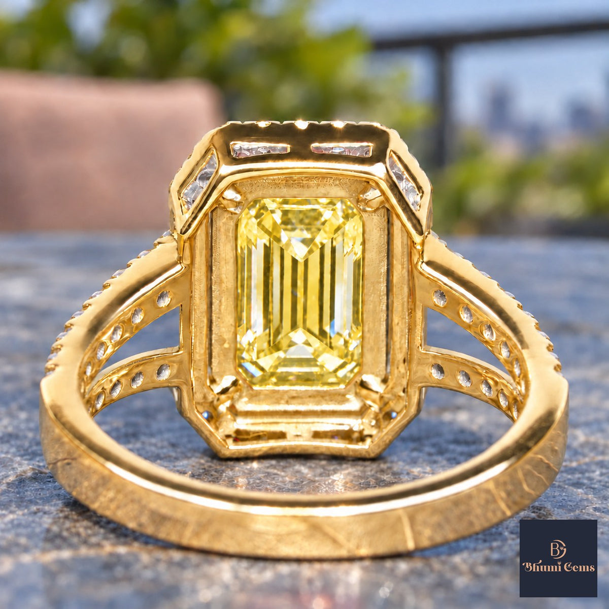 Yellow Emerald Cut Lab Grown Diamond Engagement Ring - Halo Split Shank in yellow gold, gallery view