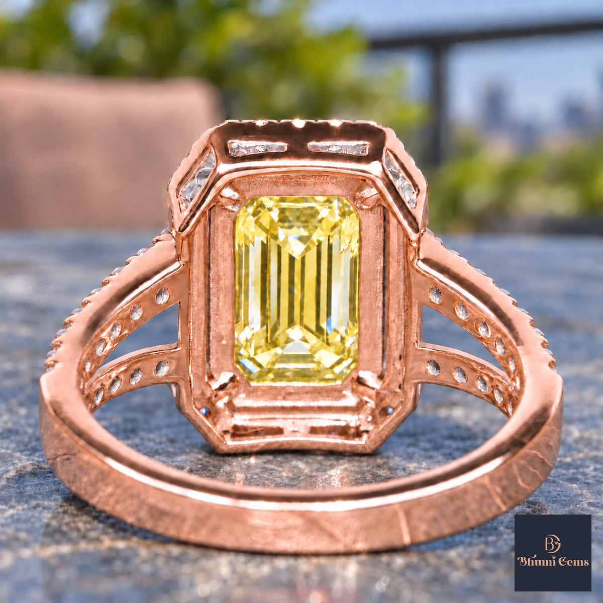 Yellow Emerald Cut Lab Grown Diamond Engagement Ring - Halo Split Shank in rose gold, gallery view