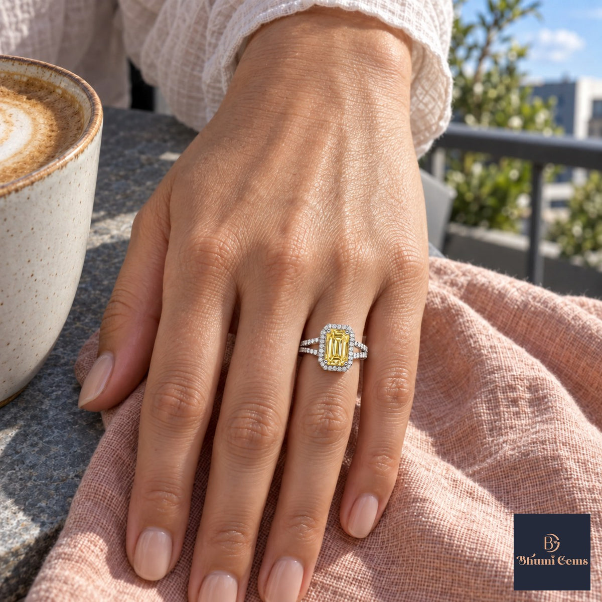 Yellow Emerald Cut Lab Grown Diamond Engagement Ring - Halo Split Shank in white gold, on the hand