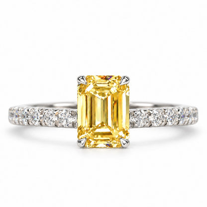 Yellow Emerald Cut Lab Grown Diamond Engagement Ring - Pave Band in white gold, front view