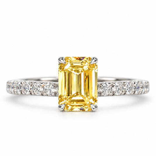 Yellow Emerald Cut Lab Grown Diamond Engagement Ring - Pave Band in white gold, front view