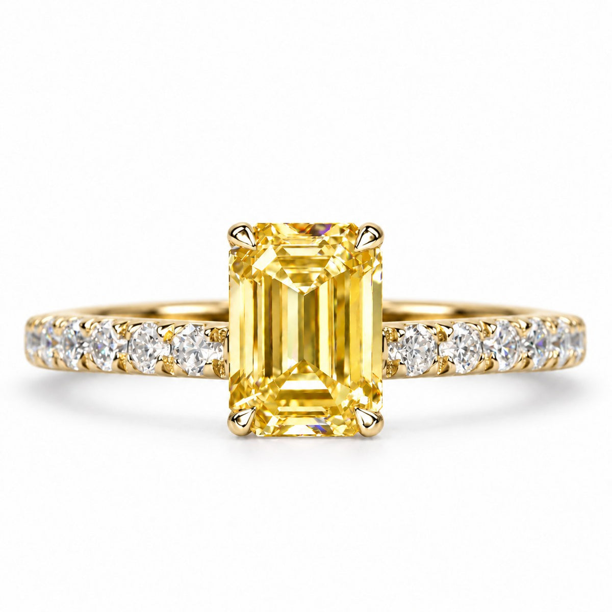Yellow Emerald Cut Lab Grown Diamond Engagement Ring - Pave Band in yellow gold, front view
