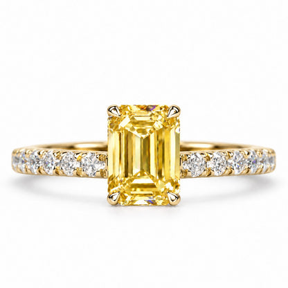 Yellow Emerald Cut Lab Grown Diamond Engagement Ring - Pave Band in yellow gold, front view