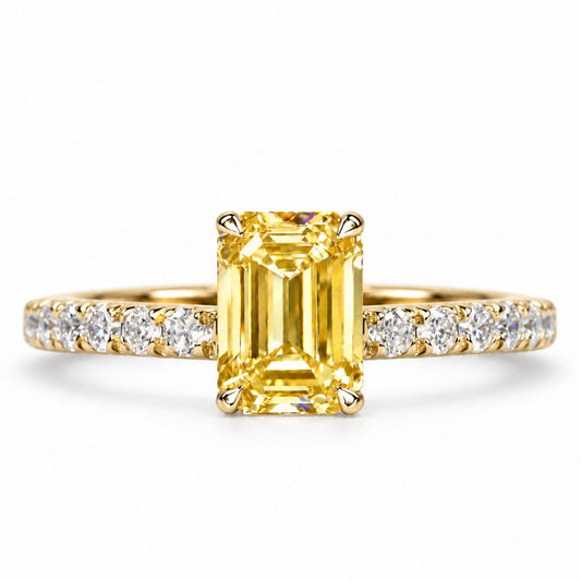 Yellow Emerald Cut Lab Grown Diamond Engagement Ring - Pave Band in yellow gold, front view