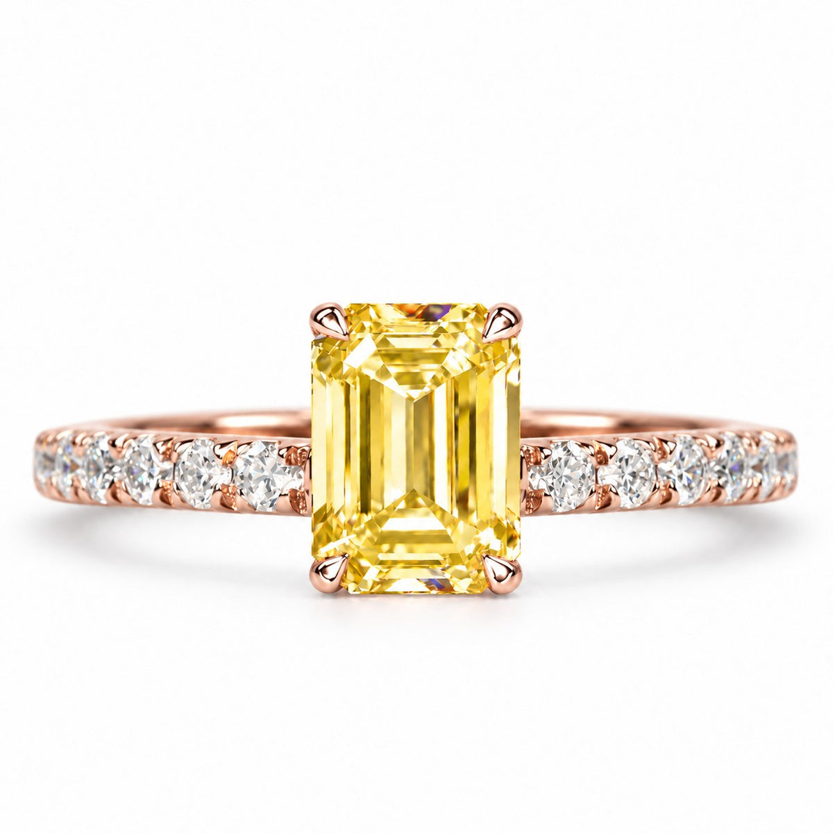 Yellow Emerald Cut Lab Grown Diamond Engagement Ring - Pave Band in rose gold, front view