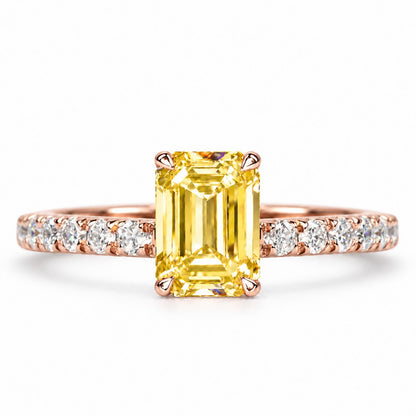 Yellow Emerald Cut Lab Grown Diamond Engagement Ring - Pave Band in rose gold, front view