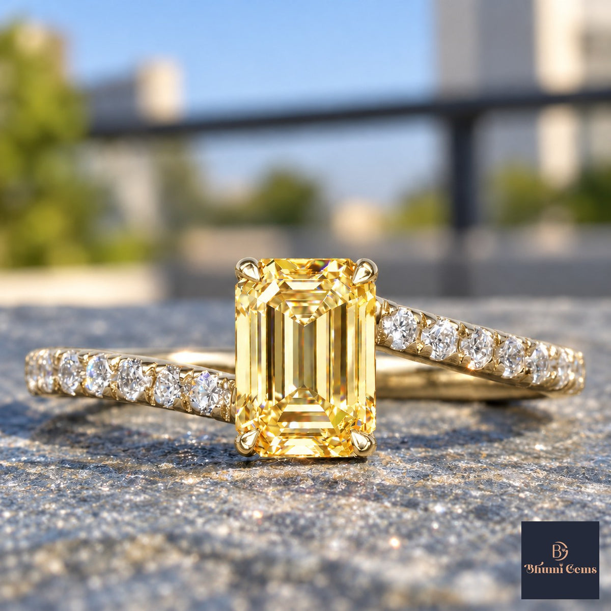 Yellow Emerald Cut Lab Grown Diamond Engagement Ring - Pave Band in yellow gold, close-up