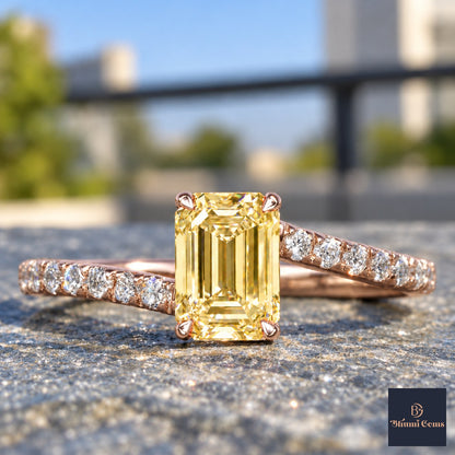 Yellow Emerald Cut Lab Grown Diamond Engagement Ring - Pave Band in rose gold, close-up
