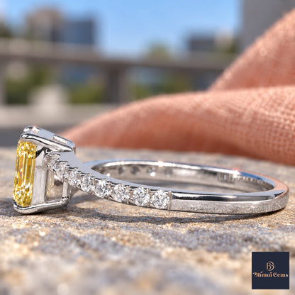Yellow Emerald Cut Lab Grown Diamond Engagement Ring - Pave Band in white gold, side view