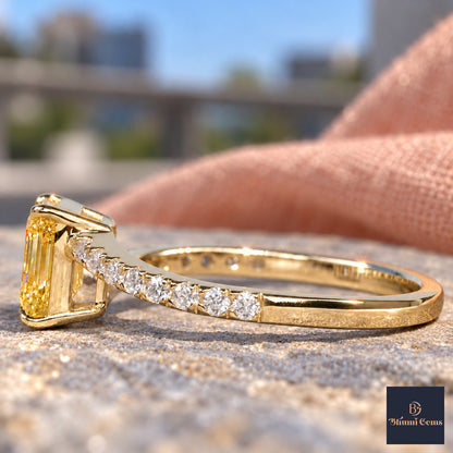 Yellow Emerald Cut Lab Grown Diamond Engagement Ring - Pave Band in yellow gold, side view