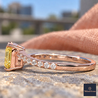 Yellow Emerald Cut Lab Grown Diamond Engagement Ring - Pave Band in rose gold, side view