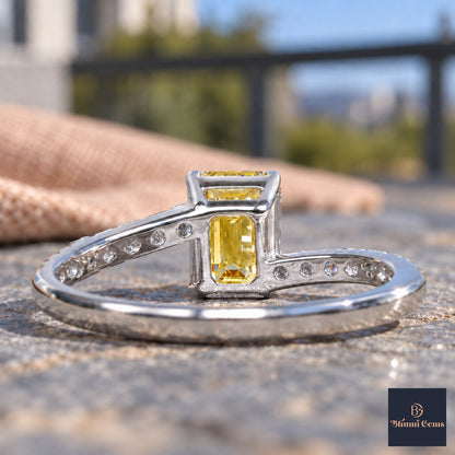 Yellow Emerald Cut Lab Grown Diamond Engagement Ring - Pave Band in white gold, gallery view