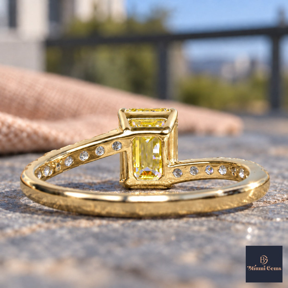 Yellow Emerald Cut Lab Grown Diamond Engagement Ring - Pave Band in yellow gold, gallery view