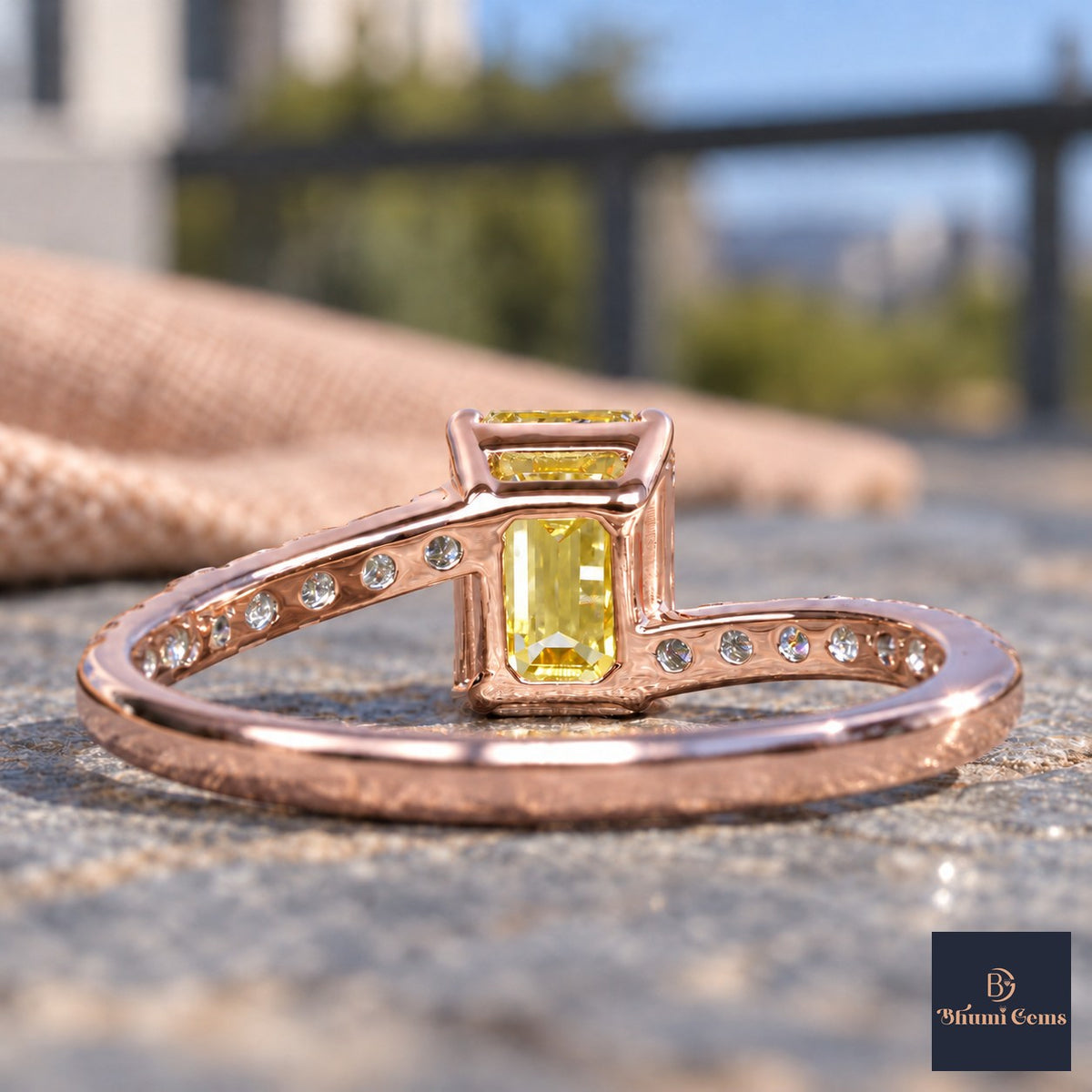 Yellow Emerald Cut Lab Grown Diamond Engagement Ring - Pave Band in rose gold, gallery view