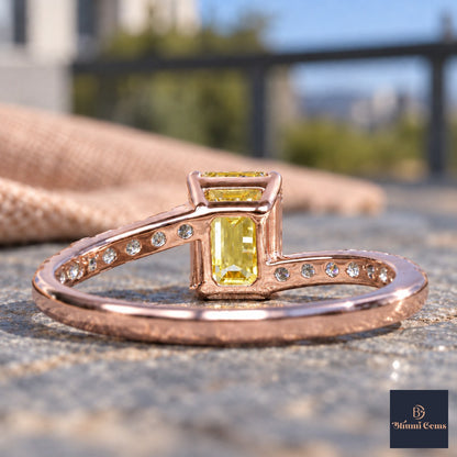Yellow Emerald Cut Lab Grown Diamond Engagement Ring - Pave Band in rose gold, gallery view