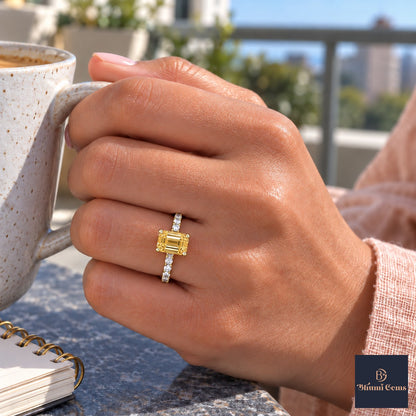 Yellow Emerald Cut Lab Grown Diamond Engagement Ring - Pave Band in yellow gold, worn on the hand