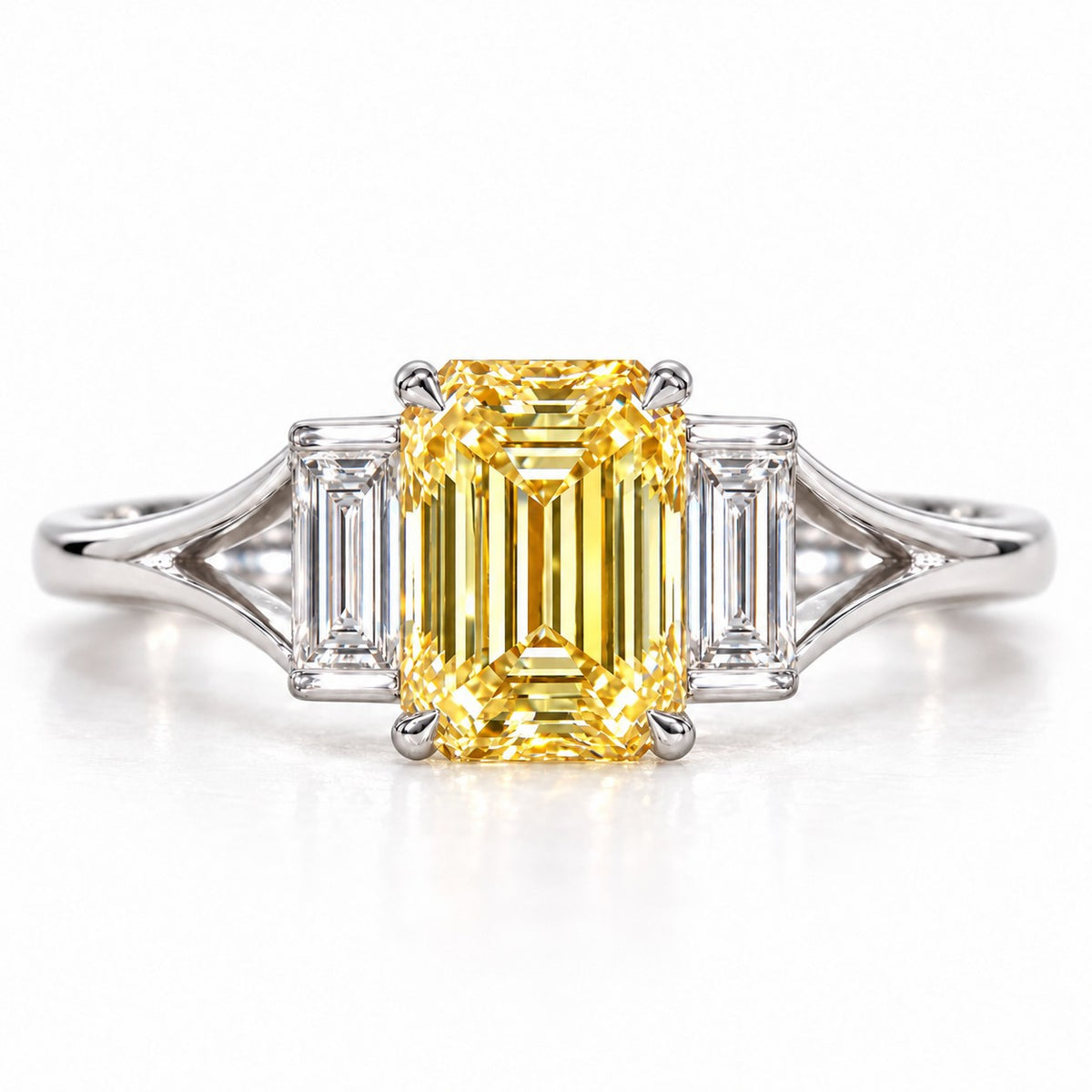 Yellow Emerald Cut Lab Grown Diamond Engagement Ring - Trapezoid Three Stone in white gold, front view