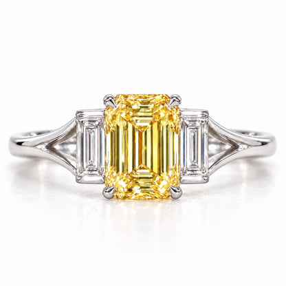 Yellow Emerald Cut Lab Grown Diamond Engagement Ring - Trapezoid Three Stone in white gold, front view