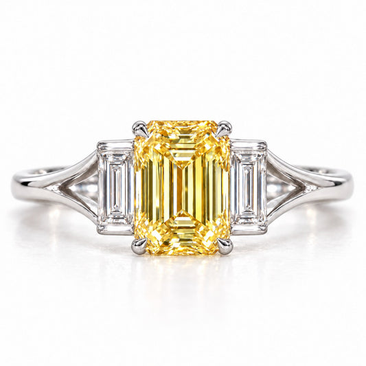 Yellow Emerald Cut Lab Grown Diamond Engagement Ring - Trapezoid Three Stone in white gold, front view