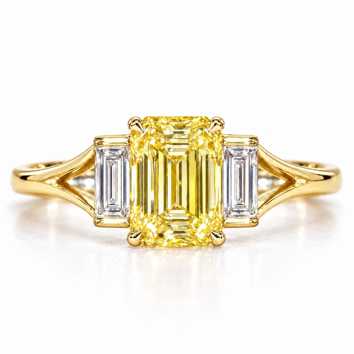 Yellow Emerald Cut Lab Grown Diamond Engagement Ring - Trapezoid Three Stone in yellow gold, front view
