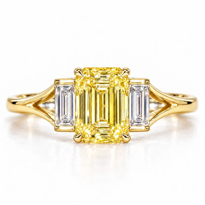 Yellow Emerald Cut Lab Grown Diamond Engagement Ring - Trapezoid Three Stone in yellow gold, front view