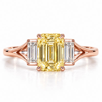 Yellow Emerald Cut Lab Grown Diamond Engagement Ring - Trapezoid Three Stone in rose gold, front view
