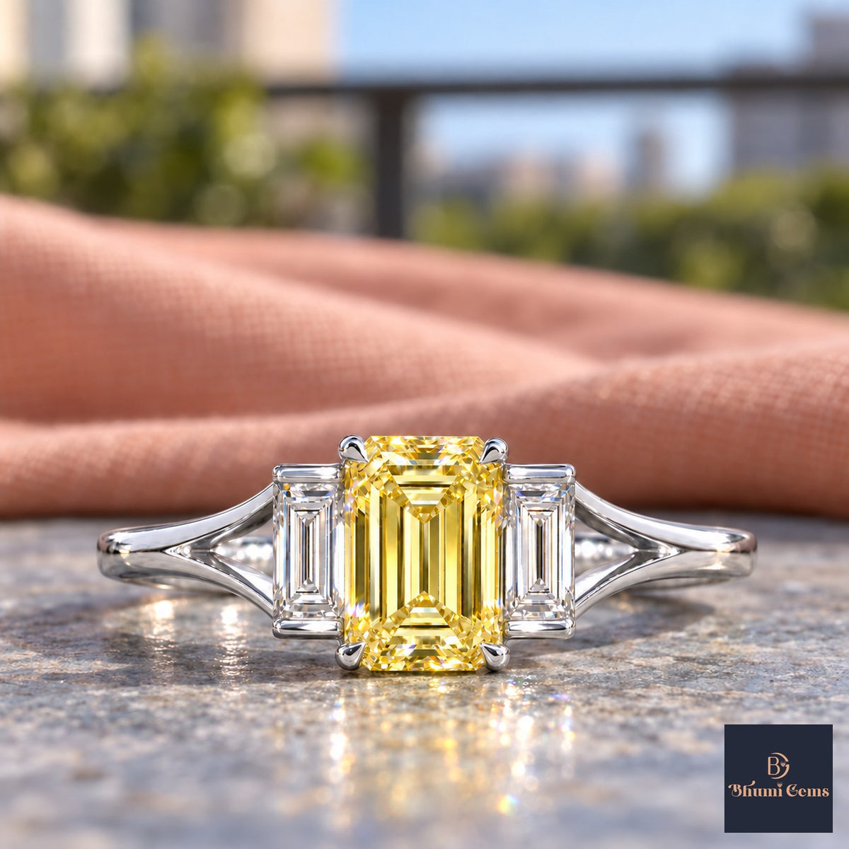 Yellow Emerald Cut Lab Grown Diamond Engagement Ring - Trapezoid Three Stone in white gold, close-up