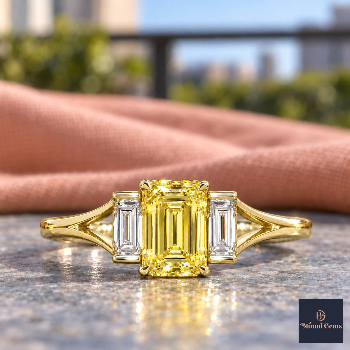 Yellow Emerald Cut Lab Grown Diamond Engagement Ring - Trapezoid Three Stone in yellow gold, close-up