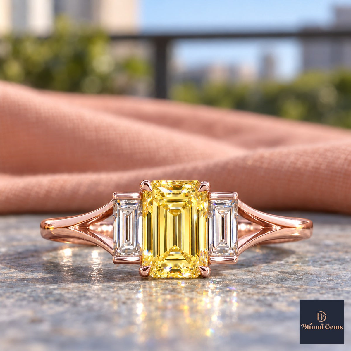 Yellow Emerald Cut Lab Grown Diamond Engagement Ring - Trapezoid Three Stone in rose gold, close-up