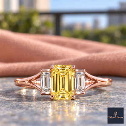 Yellow Emerald Cut Lab Grown Diamond Engagement Ring - Trapezoid Three Stone in rose gold, close-up
