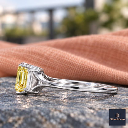Yellow Emerald Cut Lab Grown Diamond Engagement Ring - Trapezoid Three Stone in white gold, side view