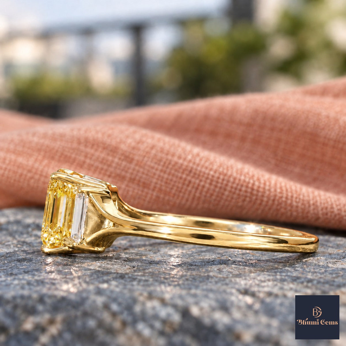 Yellow Emerald Cut Lab Grown Diamond Engagement Ring - Trapezoid Three Stone in yellow gold, side view