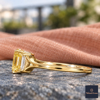 Yellow Emerald Cut Lab Grown Diamond Engagement Ring - Trapezoid Three Stone in yellow gold, side view