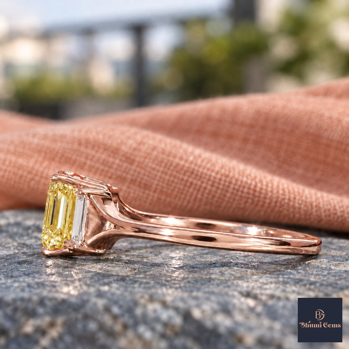 Yellow Emerald Cut Lab Grown Diamond Engagement Ring - Trapezoid Three Stone in rose gold, side view