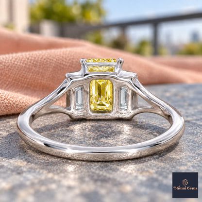 Yellow Emerald Cut Lab Grown Diamond Engagement Ring - Trapezoid Three Stone in white gold, gallery view