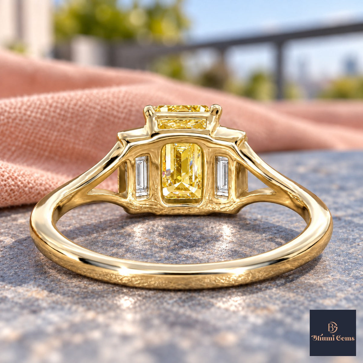 Yellow Emerald Cut Lab Grown Diamond Engagement Ring - Trapezoid Three Stone in yellow gold, gallery view