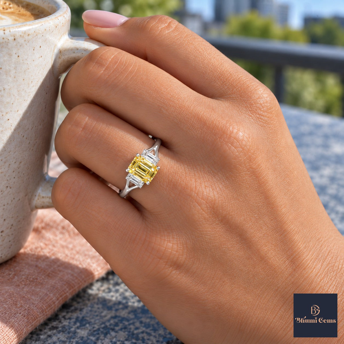Yellow Emerald Cut Lab Grown Diamond Engagement Ring - Trapezoid Three Stone in white gold, on the hand