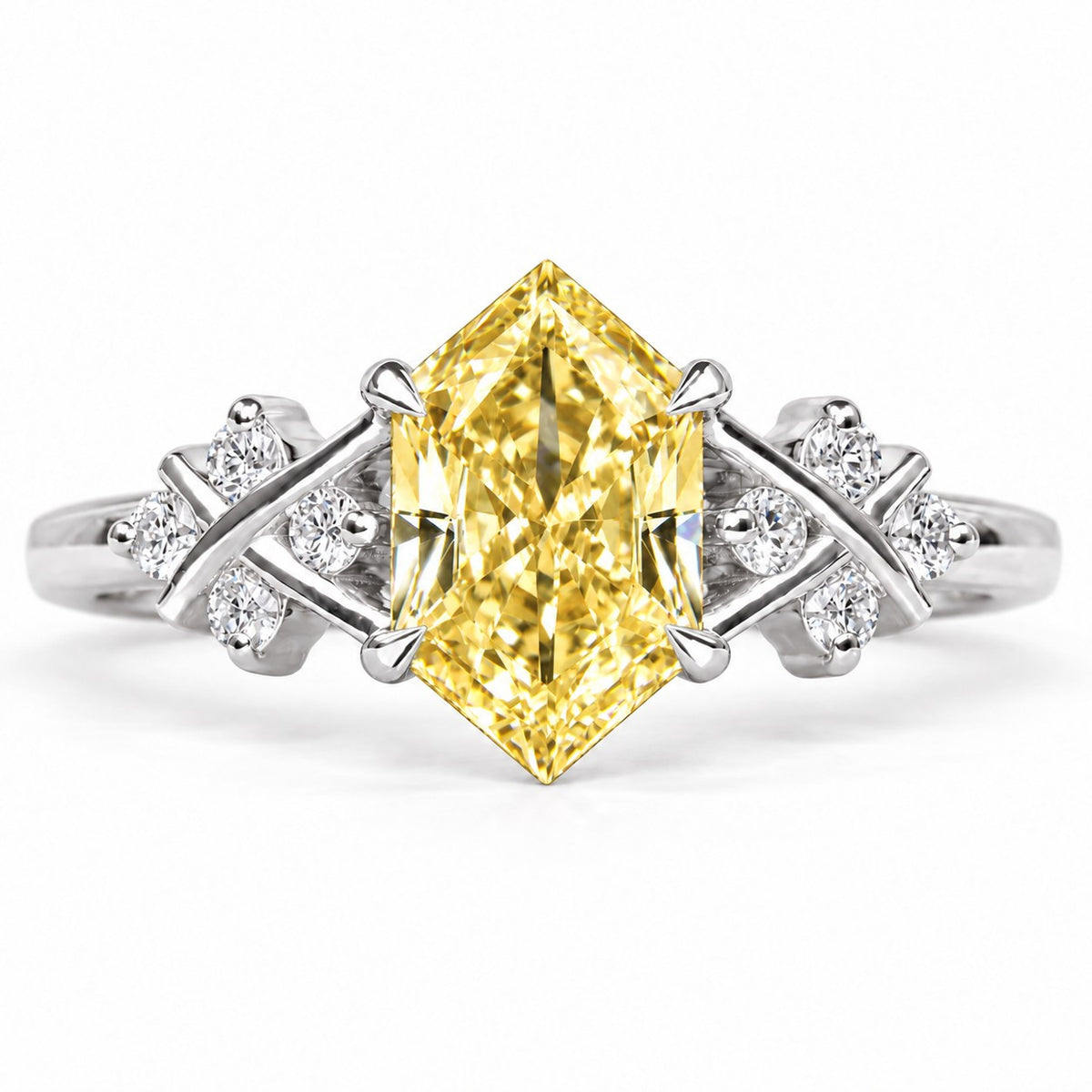 Yellow Hexagon Cut Lab Grown Diamond Engagement Ring - Cluster Shoulders in white gold, front view