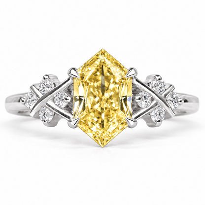 Yellow Hexagon Cut Lab Grown Diamond Engagement Ring - Cluster Shoulders in white gold, front view