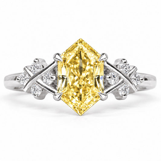 Yellow Hexagon Cut Lab Grown Diamond Engagement Ring - Cluster Shoulders in white gold, front view