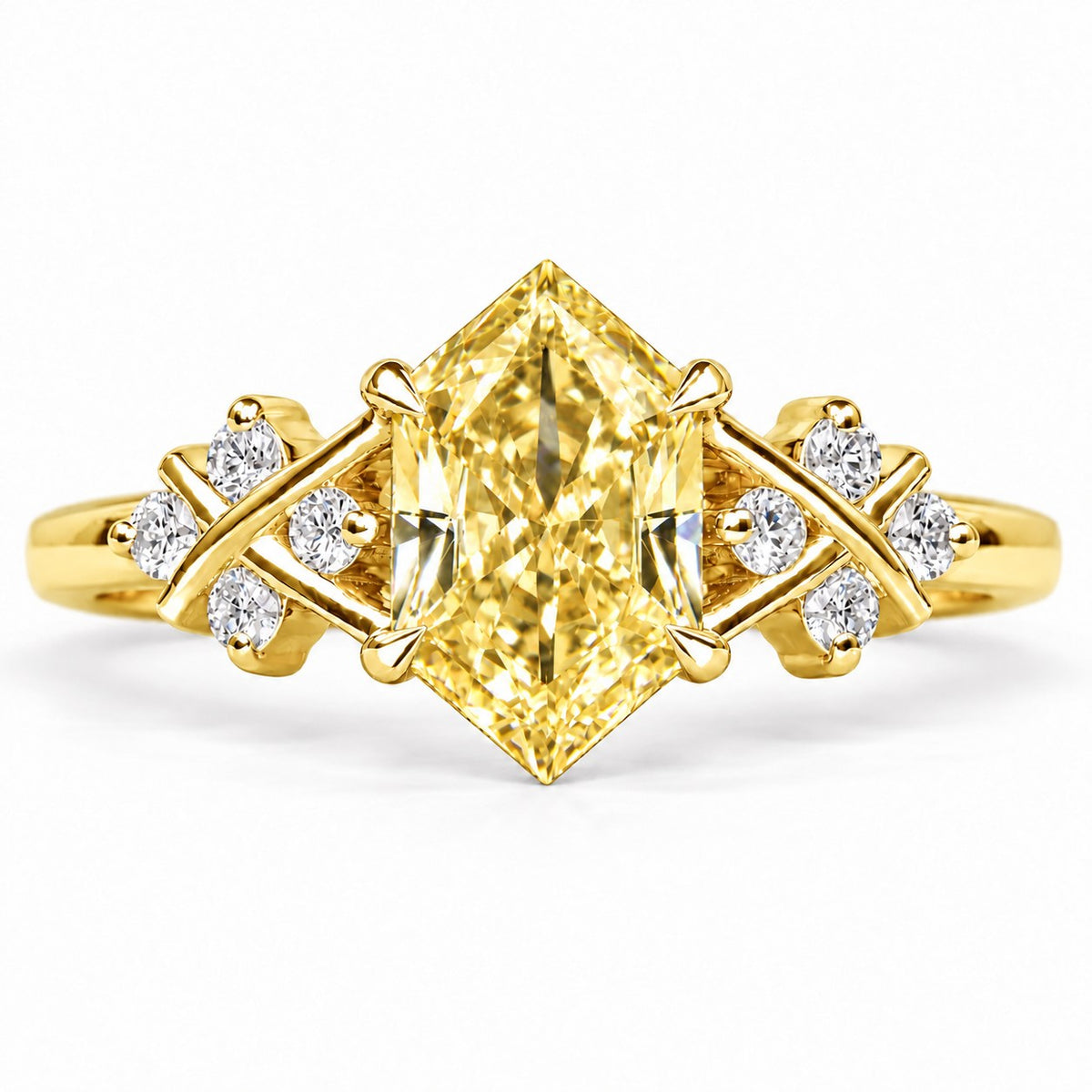 Yellow Hexagon Cut Lab Grown Diamond Engagement Ring - Cluster Shoulders in yellow gold, front view