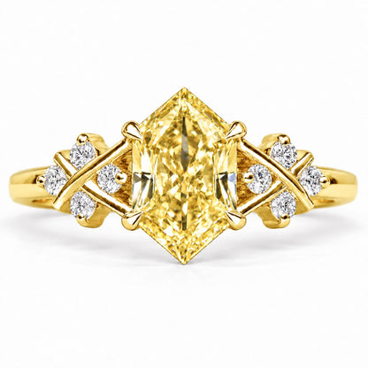 Yellow Hexagon Cut Lab Grown Diamond Engagement Ring - Cluster Shoulders in yellow gold, front view