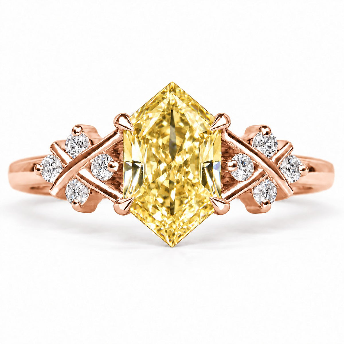Yellow Hexagon Cut Lab Grown Diamond Engagement Ring - Cluster Shoulders in rose gold, front view