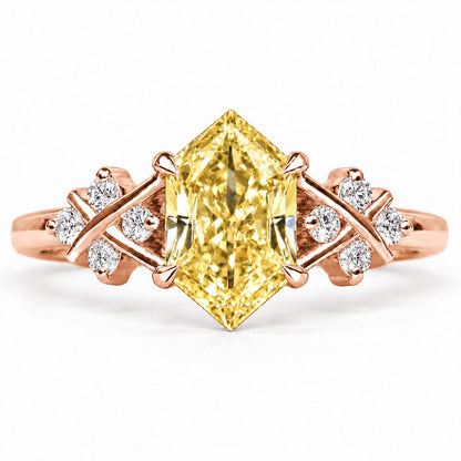 Yellow Hexagon Cut Lab Grown Diamond Engagement Ring - Cluster Shoulders in rose gold, front view