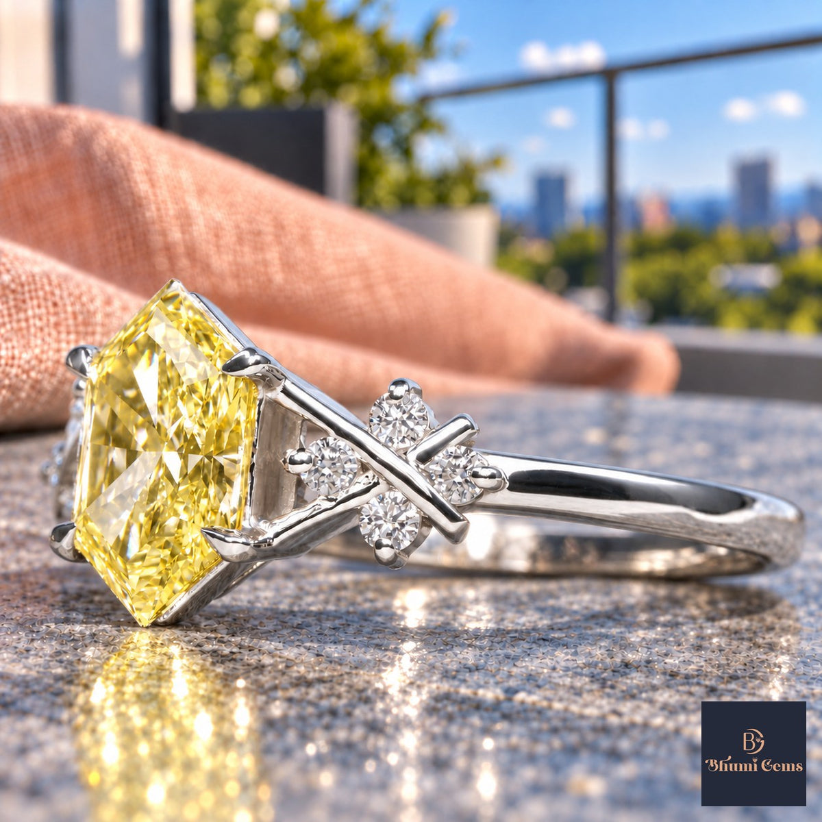 Yellow Hexagon Cut Lab Grown Diamond Engagement Ring - Cluster Shoulders in white gold, close-up