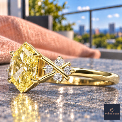 Yellow Hexagon Cut Lab Grown Diamond Engagement Ring - Cluster Shoulders in yellow gold, close-up