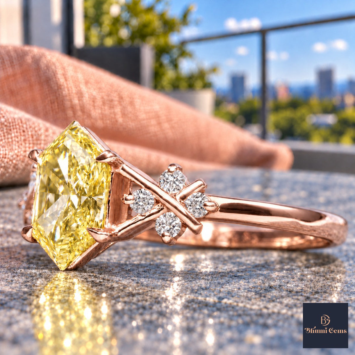 Yellow Hexagon Cut Lab Grown Diamond Engagement Ring - Cluster Shoulders in rose gold, close-up