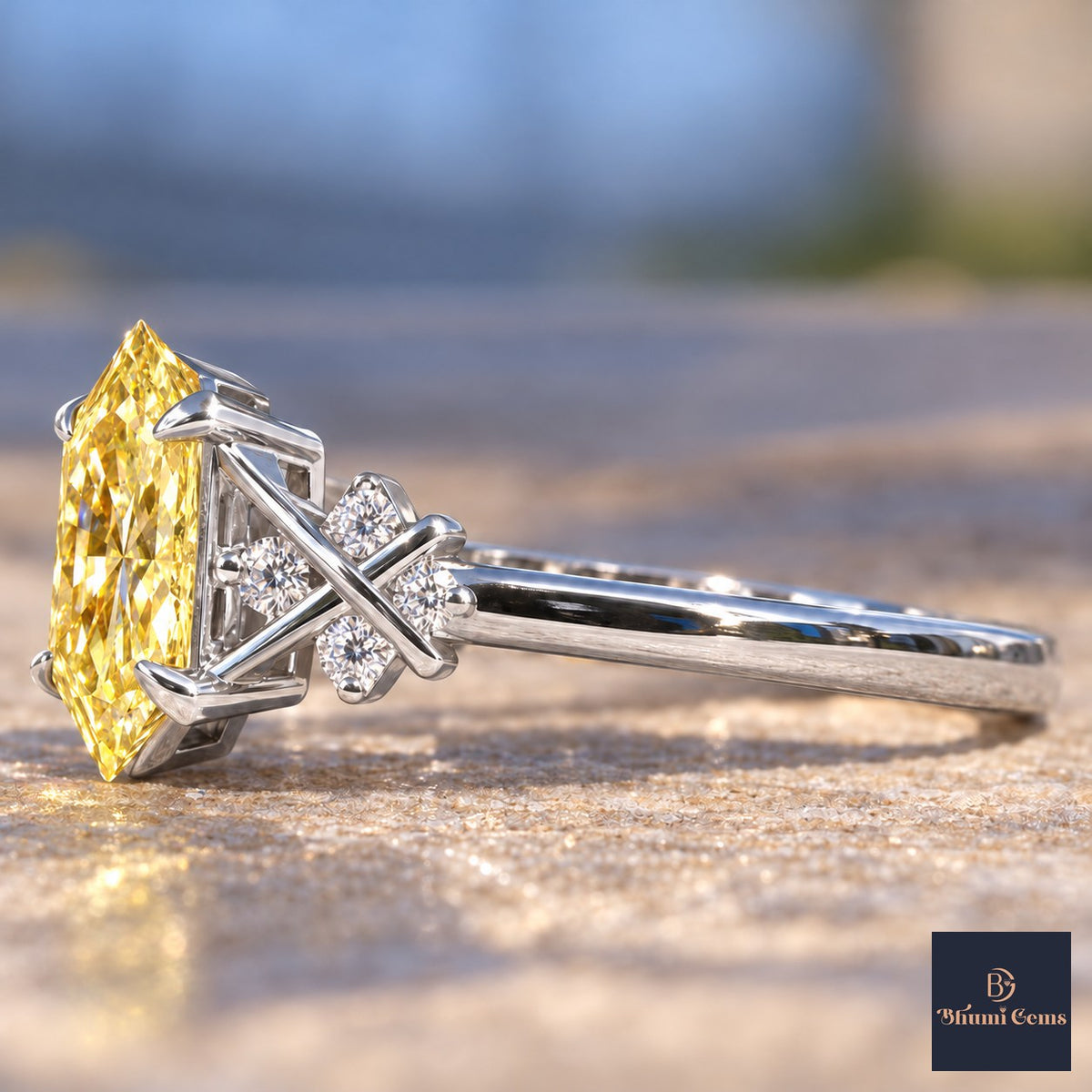 Yellow Hexagon Cut Lab Grown Diamond Engagement Ring - Cluster Shoulders in white gold, side view