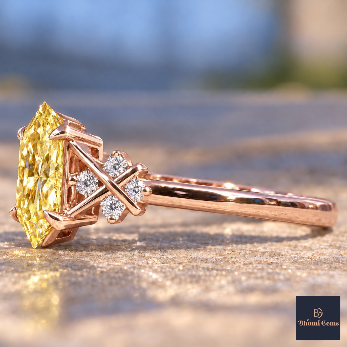 Yellow Hexagon Cut Lab Grown Diamond Engagement Ring - Cluster Shoulders in rose gold, side view